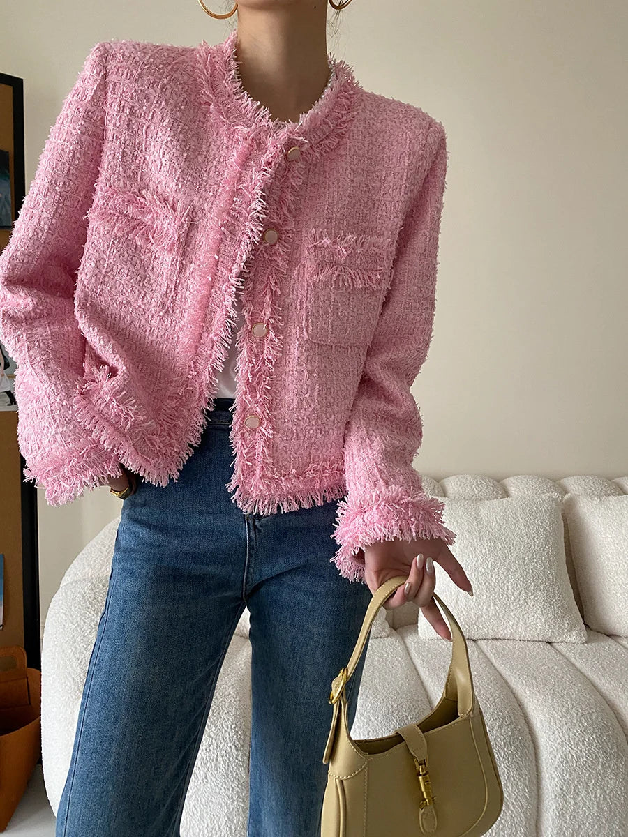 Pink Fringe Fur Shoulder Pad Tweed Jacket Blazer Boucle Crop Coat for Women 2023 Spring