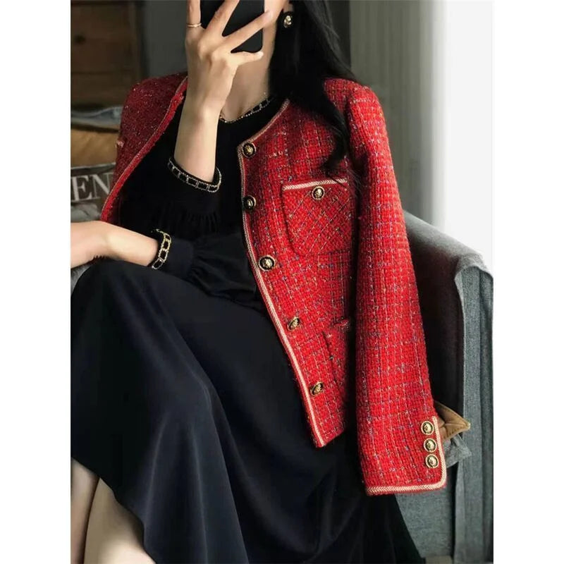 Vintage Red Tweed Coat Women's 2024 Autumn/Winter New French Vintage Loose and Versatile Show Thin Temperament Woolen Jacket Fem