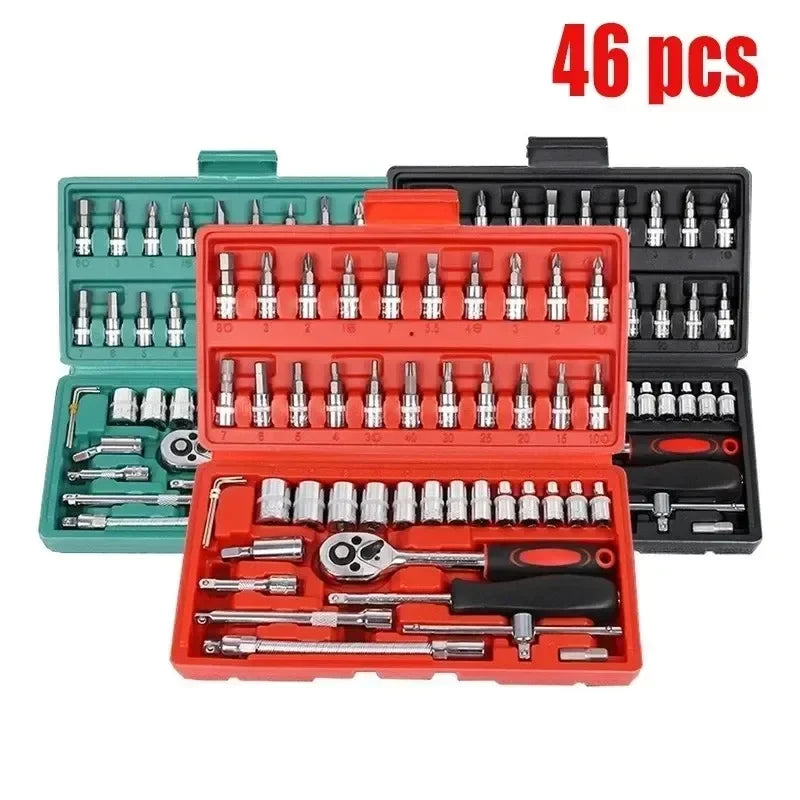 46/53pcs Drive Socket Set 1/4 inch Ratchet Wrench Set with Sockets Metric Hex Bit Socket Set Mechanic Tool Kits for Auto Repair