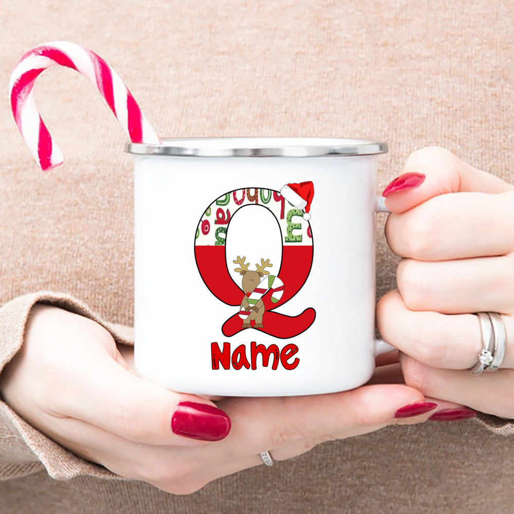 Personlized Reindeer Initial with Name Enamel Cups Christmas Hot Cocoa Chocolate Mug Drink Jiuce Mugs Christmas Gifts for Kids