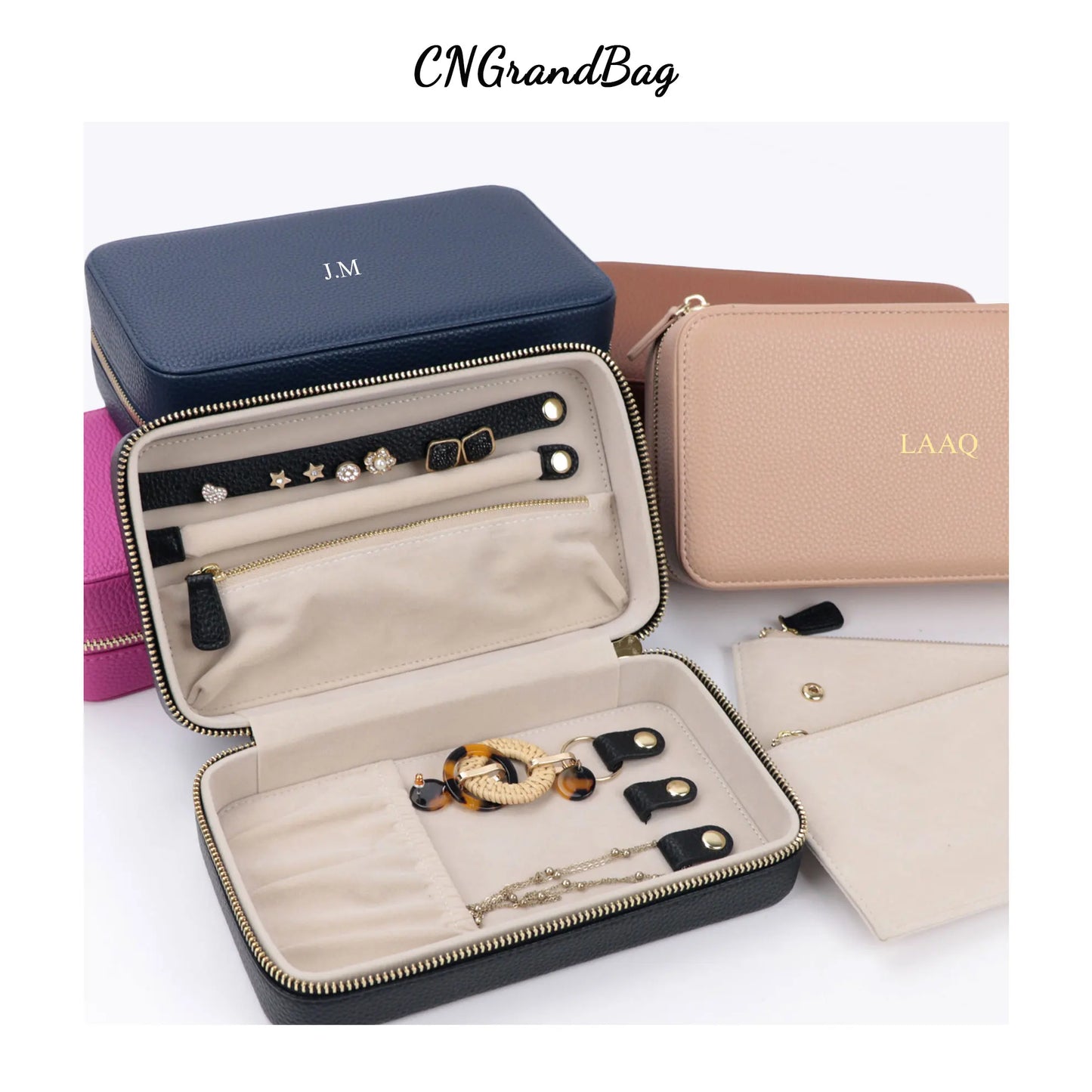 Personalized Emboss Gold Name Pebble Leather Medium Travel Jewelry Storage Box Jewelry Bag Stud Necklace Storage Custom Gift