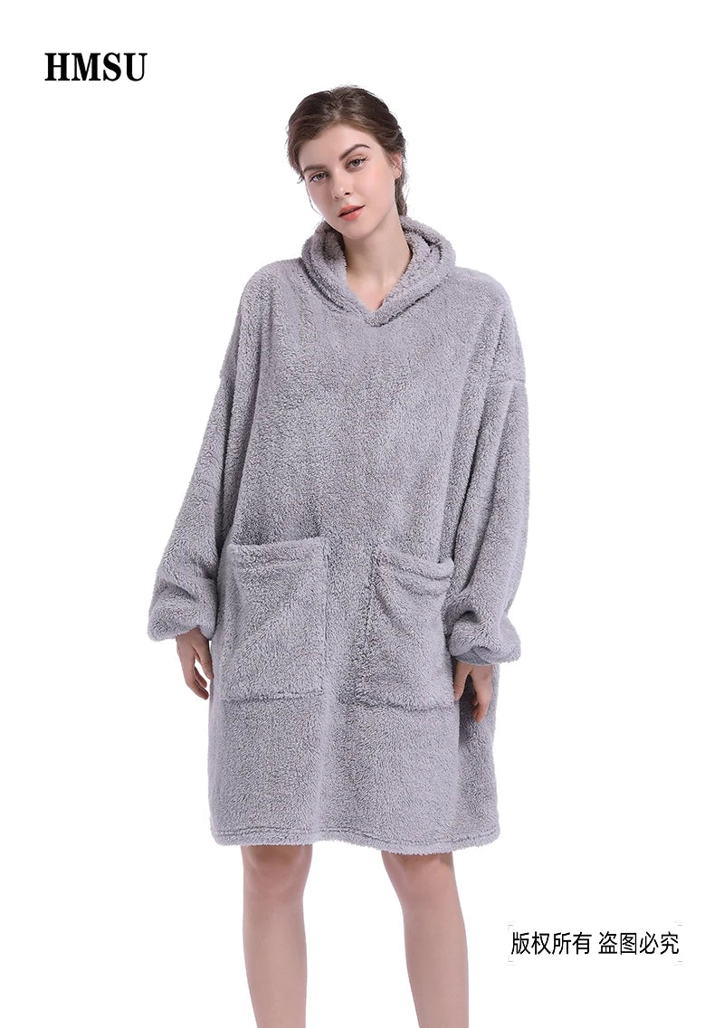 HMSU Oversized Hoodie Blanket With Sleeves Sweatshirt Plaid Winter Fleece Hoody Women Pocket Female Hooded Sweat Oversize Femme