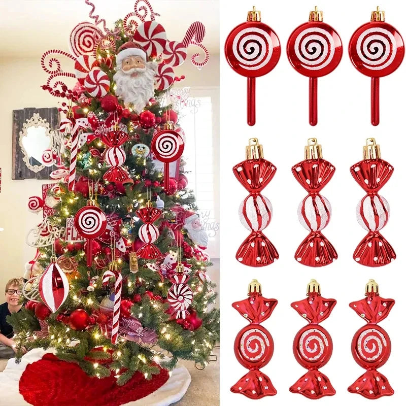 6Pcs Christmas Red Candy Crutch Lollipop Xmas Tree Hanging Pendant Ornaments 2024 New Year Gift Christmas Home Decoration 2023