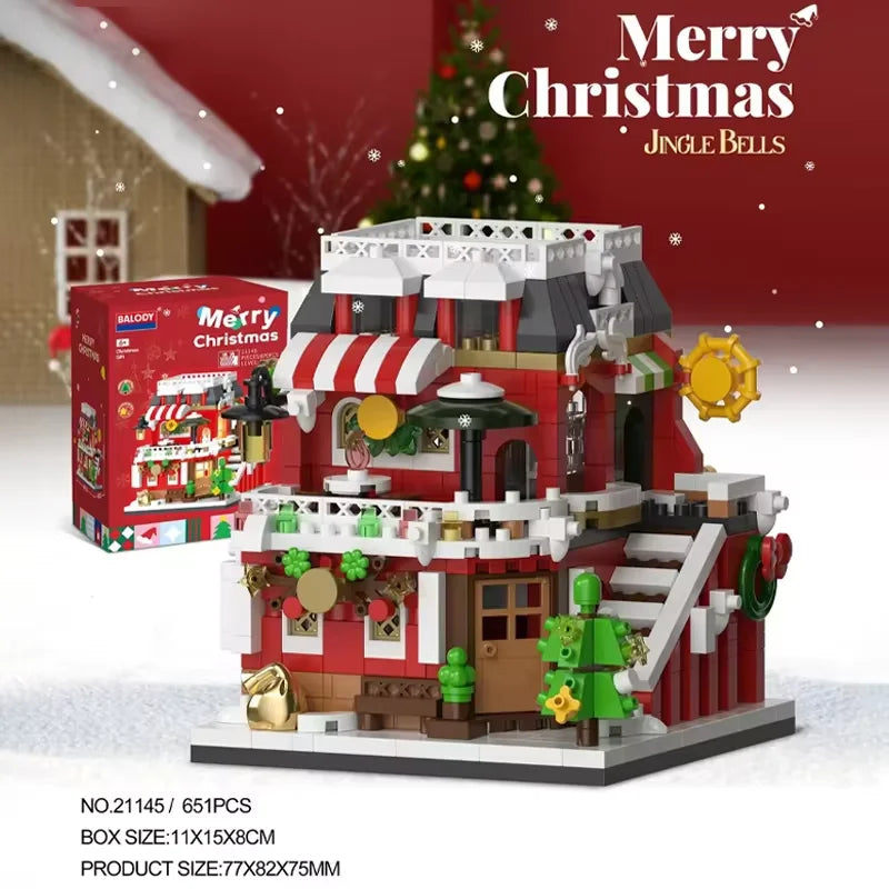 Christmas Snow House Mini Building Blocks Set Balody Coffe Candy Book Shop City View 3D Model Brick Boys Toys Children Xmas Gift