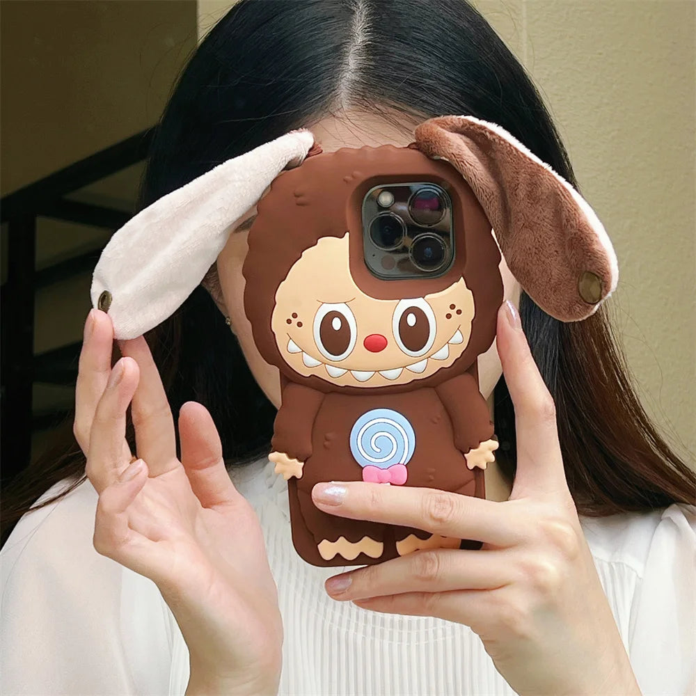 3D New Kawaii Labubu Phone Cases Cartoon Cute for iPhone 15 14 Plus 16 13 12 Pro Max 11 Anti-slip Soft Silicone Cover