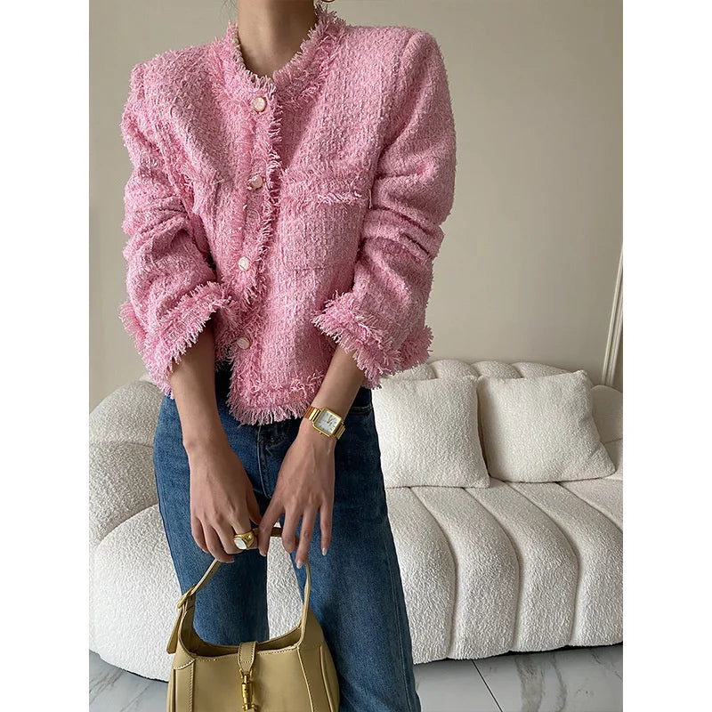 Pink Fringe Fur Shoulder Pad Tweed Jacket Blazer Boucle Crop Coat for Women 2023 Spring