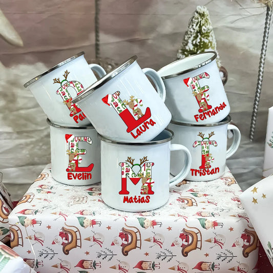 Personlized Reindeer Initial with Name Enamel Cups Christmas Hot Cocoa Chocolate Mug Drink Jiuce Mugs Christmas Gifts for Kids