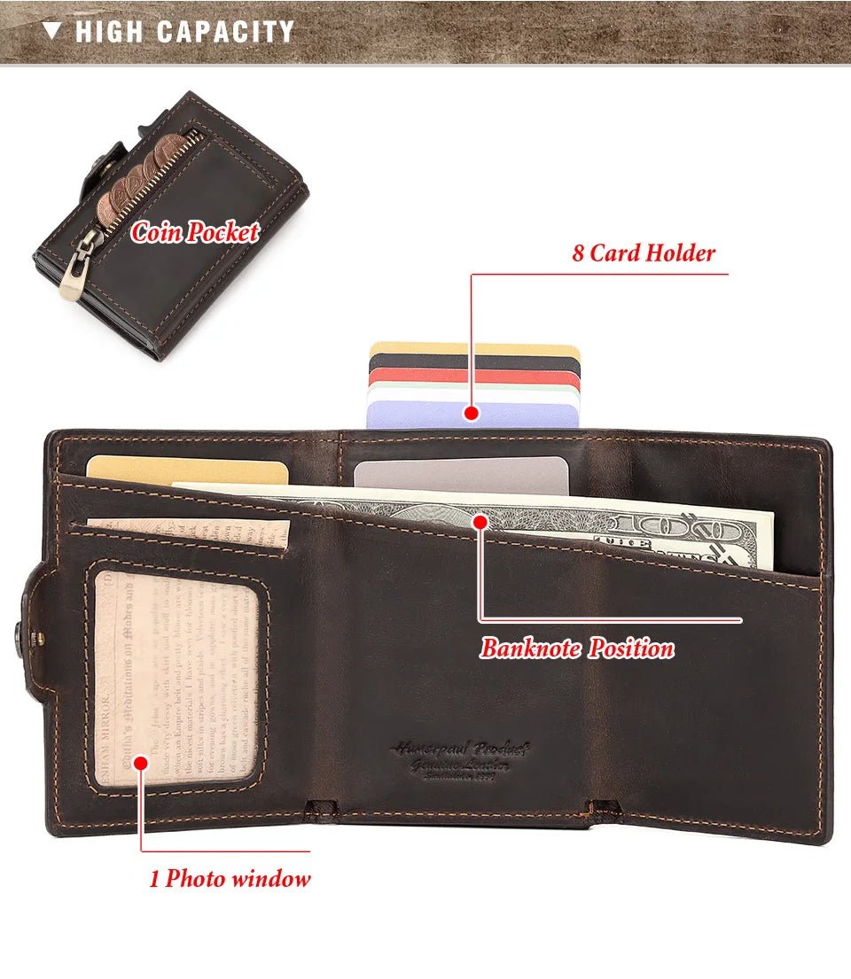 Genuine Leather Men's Short Wallet Small Mini Money Clip RFID BLocking Credit Automatic  Card Holder with Free Engraving Service