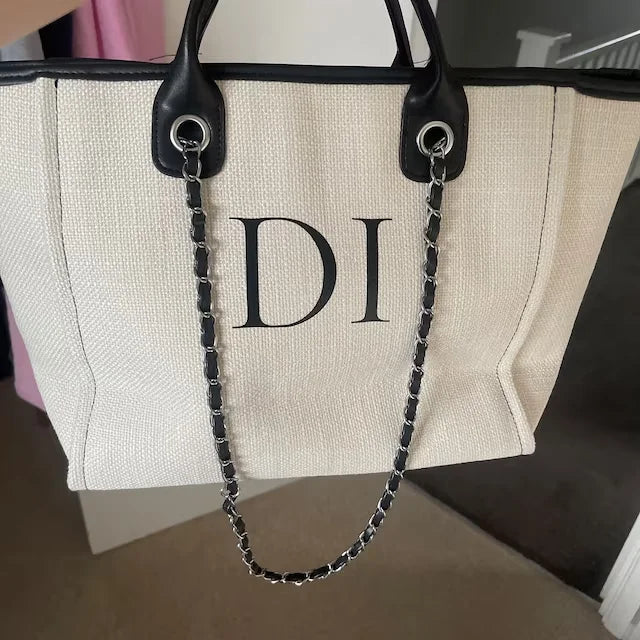 Personalised Chain Monogram Canvas Tote Bag Shoulder Bag Ladies Custom Handbag Birthday Hen Gift Bride Bridesmaids Gifts For Her