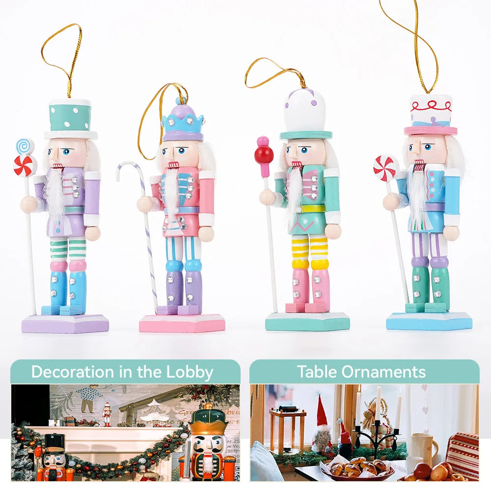 4Pcs Candy Series Nutcracker Puppet Christmas Tree Pendant Wooden Handicraft Soldier Home Desktop Ornament New Year Decoration