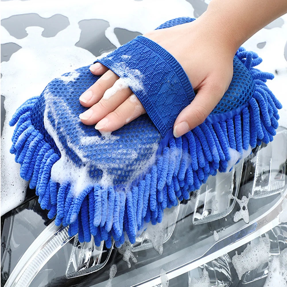 1Pc Blue Microfiber Chenille Car Wash Sponge Care Washing Brush Pad Cleaning Tool Auto Washing Towel Gloves Styling Accessories