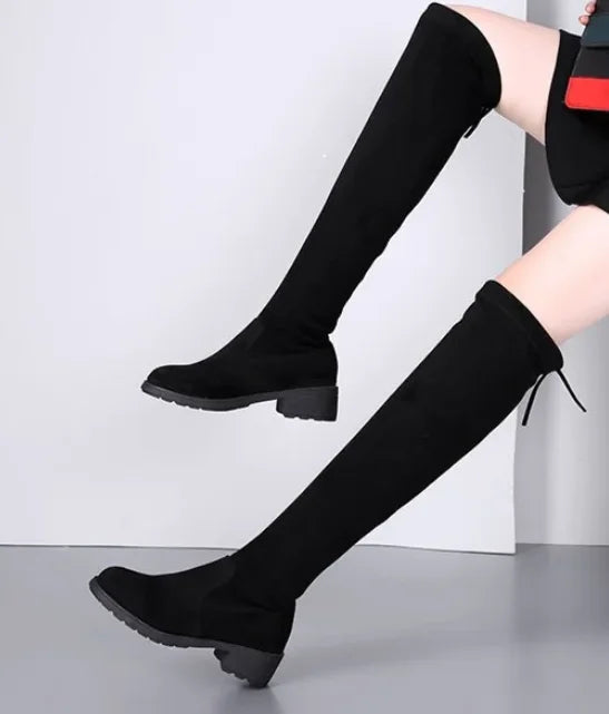 Women Boots Winter Black Over The Knee Boots 2024 New Comfort Lace Up Chunky High Heels Shoes Fashion Warm Suede Round Toe Boots