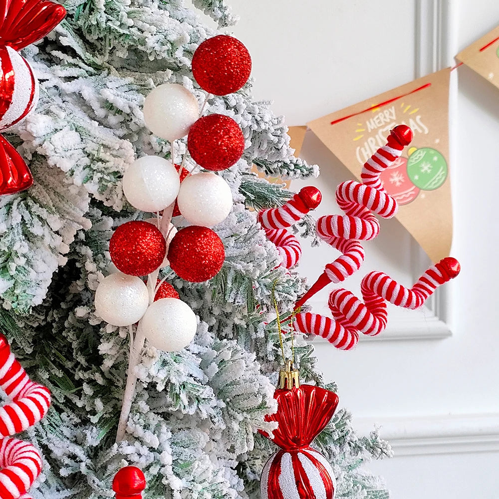 1pc Red White Ball Bouquet Striped Wool Branches Christmas Ornaments Home Cuttings New Year Gifts Christmas Decoration Navidad