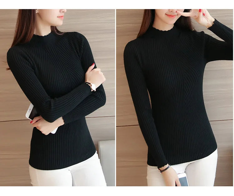 2024 Autumn Women Mock Neck Ruffles Sweater Long Sleeve Knitted Bottoming Solid Pullovers Stripe Women Casual Sweater Winter