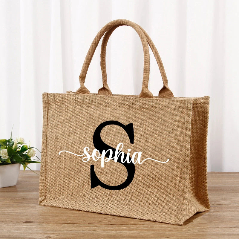 Custom Name Jute Handbag Personalized A-Z Burlap Logo Print Shopping Bag Tote Boutique Small Business Gift Girls Trip Wedding