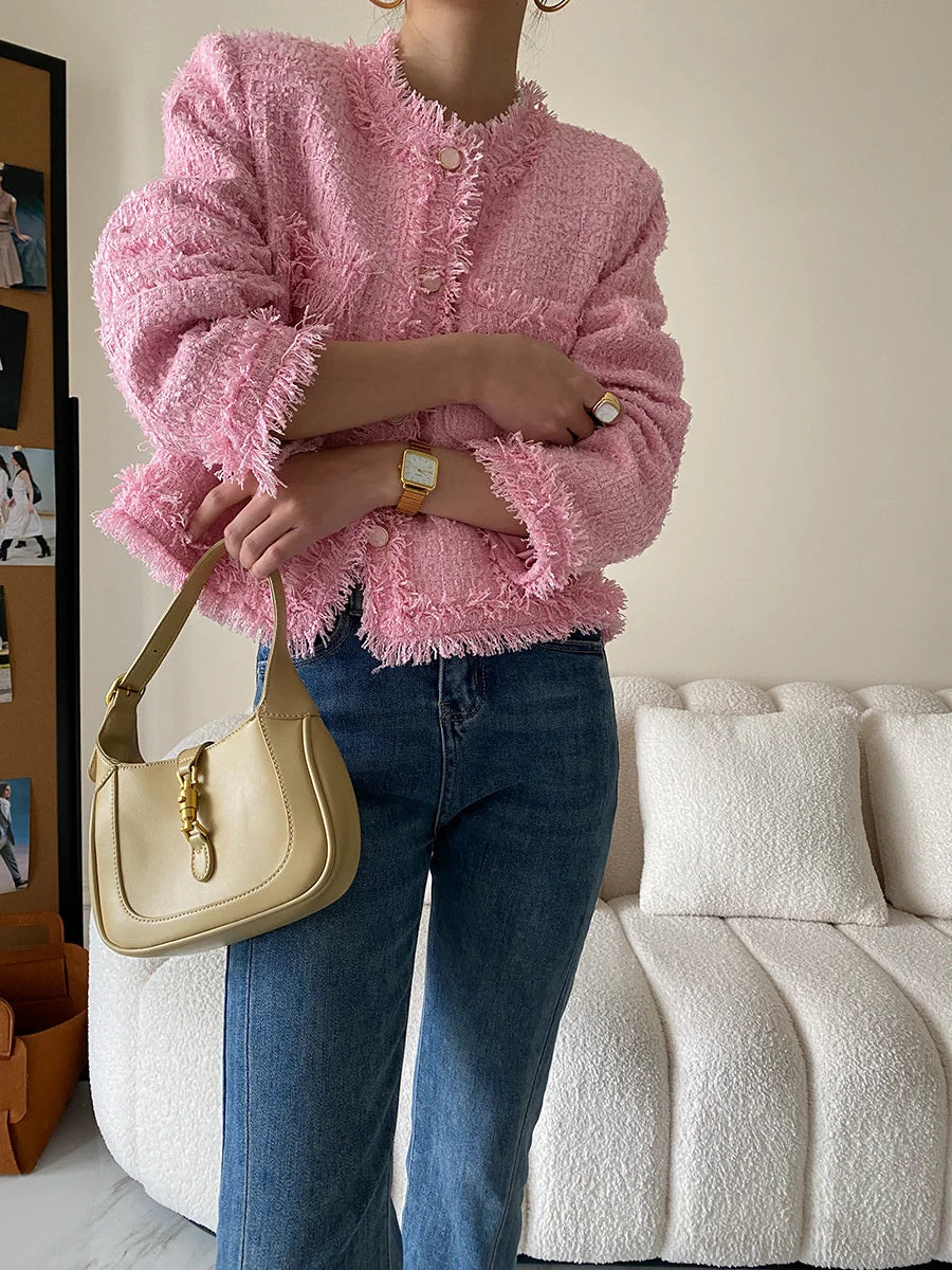 Pink Fringe Fur Shoulder Pad Tweed Jacket Blazer Boucle Crop Coat for Women 2023 Spring