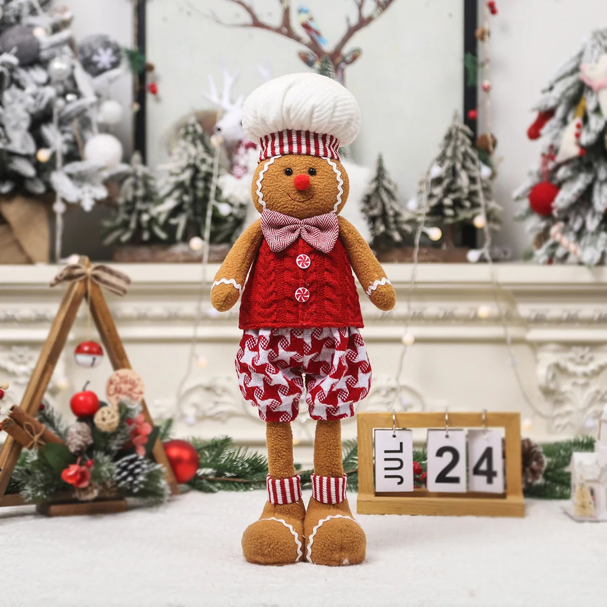 Christmas Telescopic Gingerbread Man Doll Adorable Chef Hat Gingerbread Man Standing Figurines DIY Christmas Window Decoration