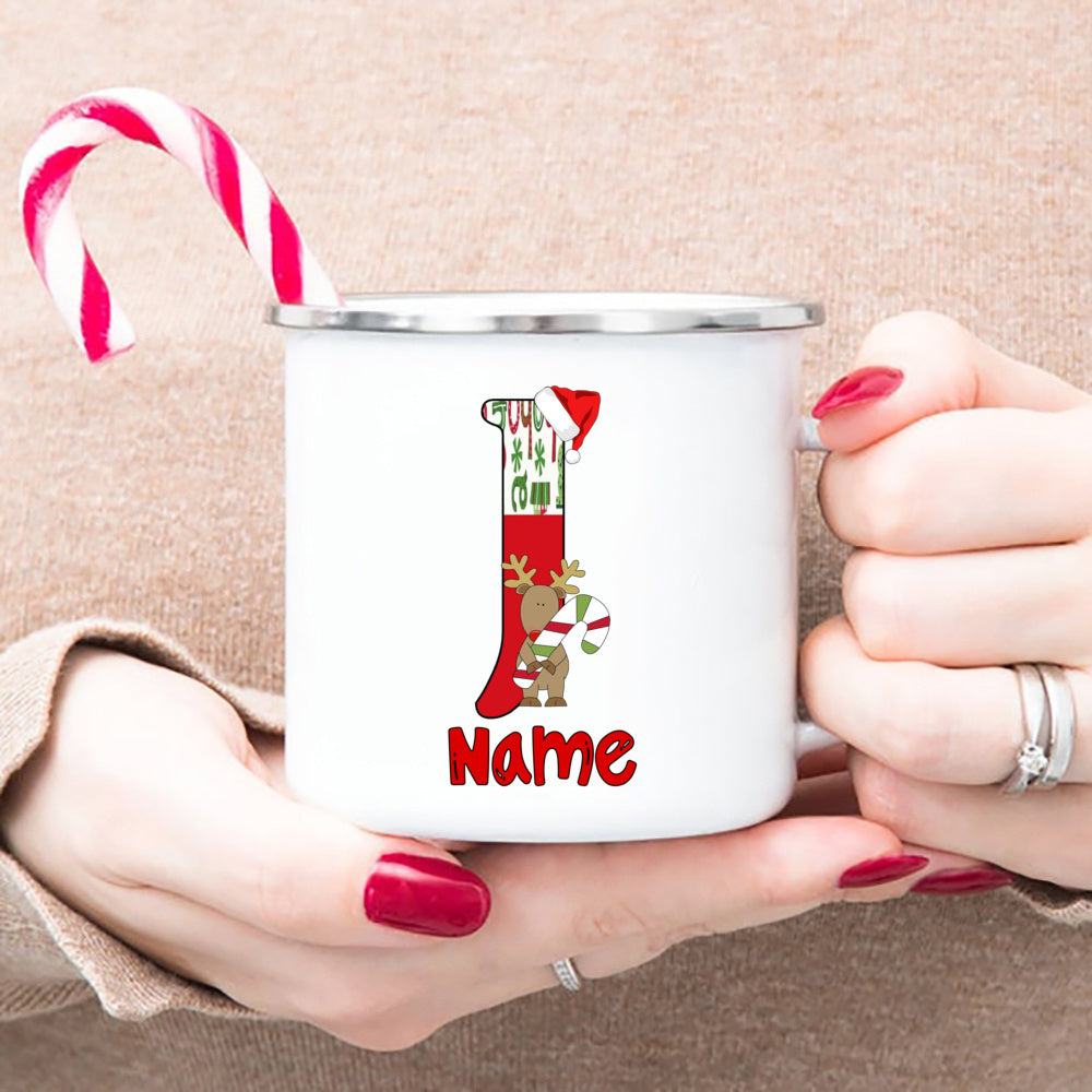 Personlized Reindeer Initial with Name Enamel Cups Christmas Hot Cocoa Chocolate Mug Drink Jiuce Mugs Christmas Gifts for Kids