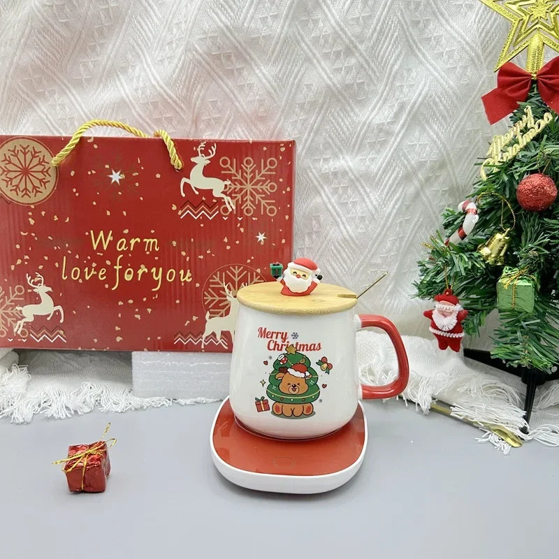 Christmas Gift Set: Warm 55℃ Ceramic Mug with Lid featuring Santa Claus for Office or Home Use