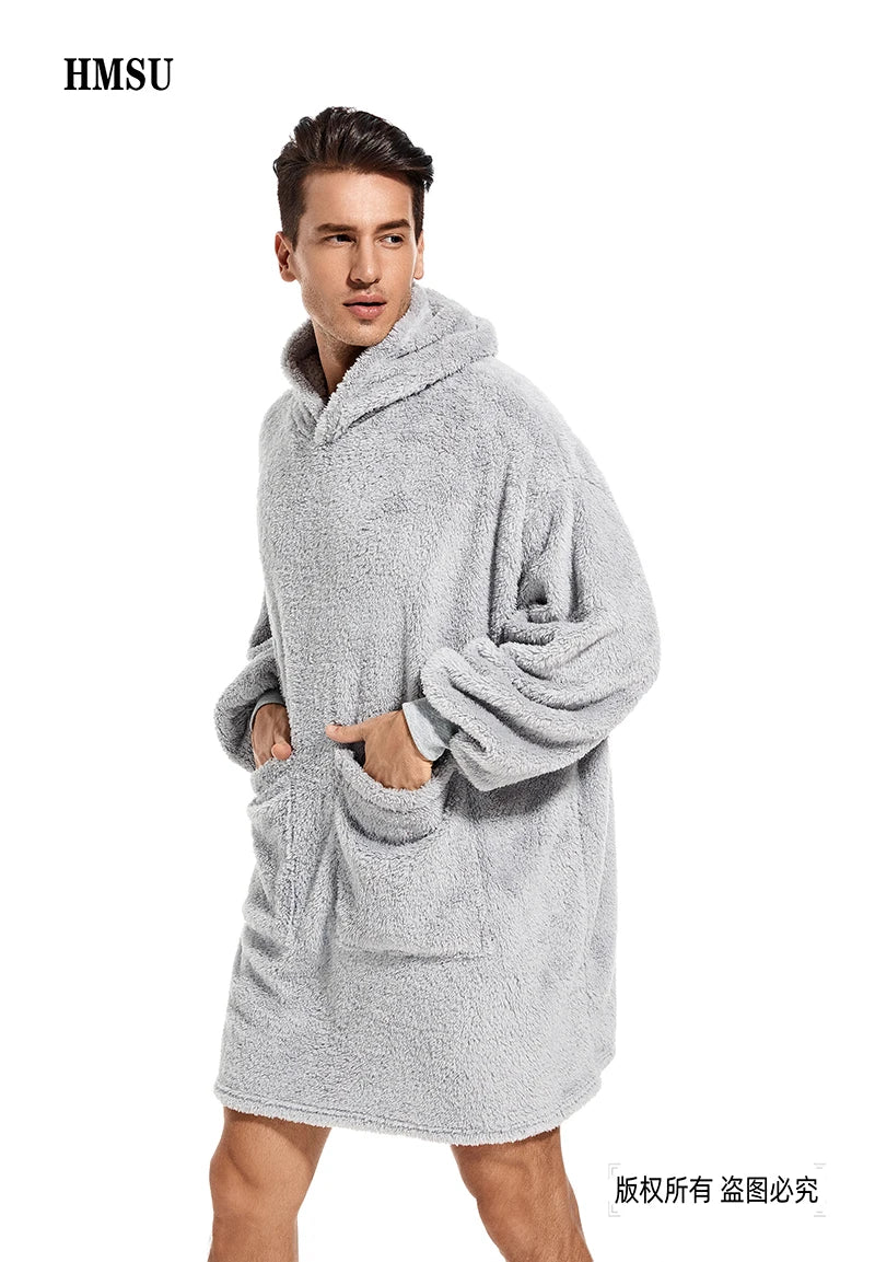 HMSU Oversized Hoodie Blanket With Sleeves Sweatshirt Plaid Winter Fleece Hoody Women Pocket Female Hooded Sweat Oversize Femme