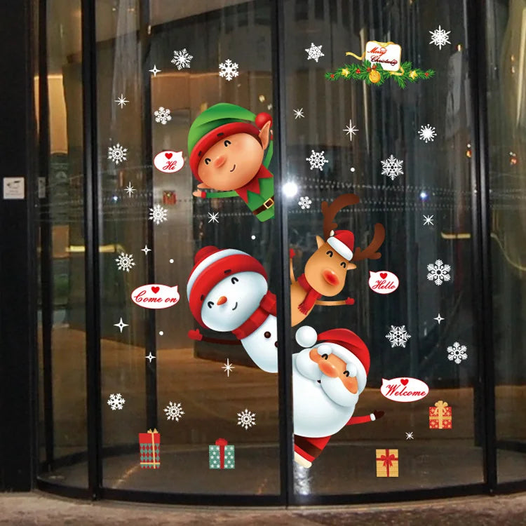 Christmas Snowman Deer Santa Claus Glass Window Stickers For New Year Decoration Mural Room Home Decor Electrostatic Wall Decals