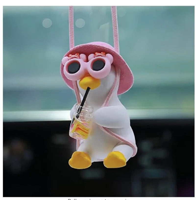 Anime Pink Swing Duck Car Decoration Pendant Cute Auto Rearview Mirror Hanging Ornament For Women Car Ineriror Accessories