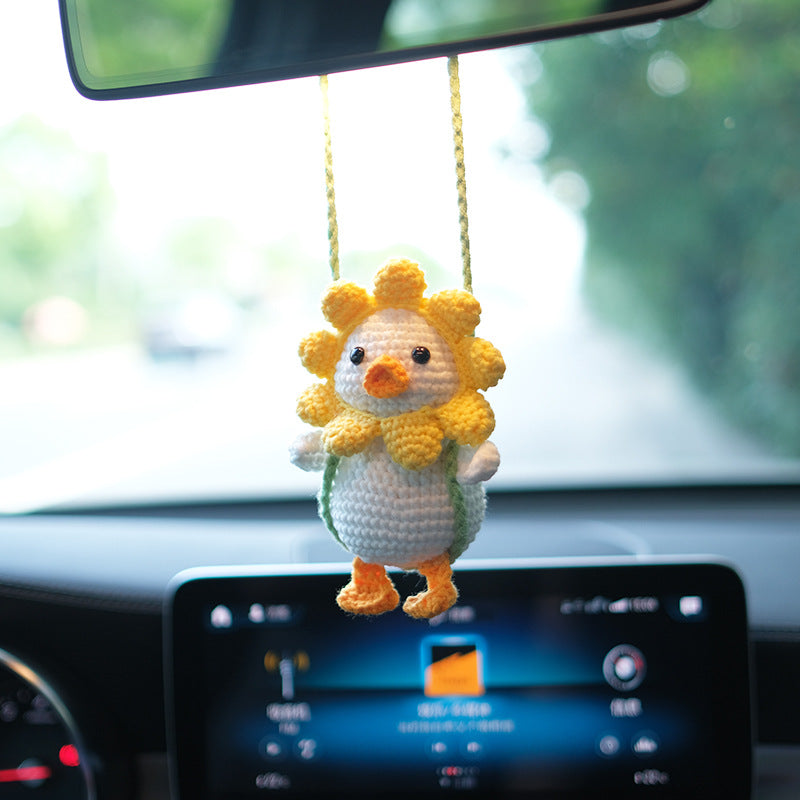 Handmade Crocheted Cute Swing Duck Car Rearview Mirror Hanging Ornament,Car Lucky Interior Hanging Pendant Decor