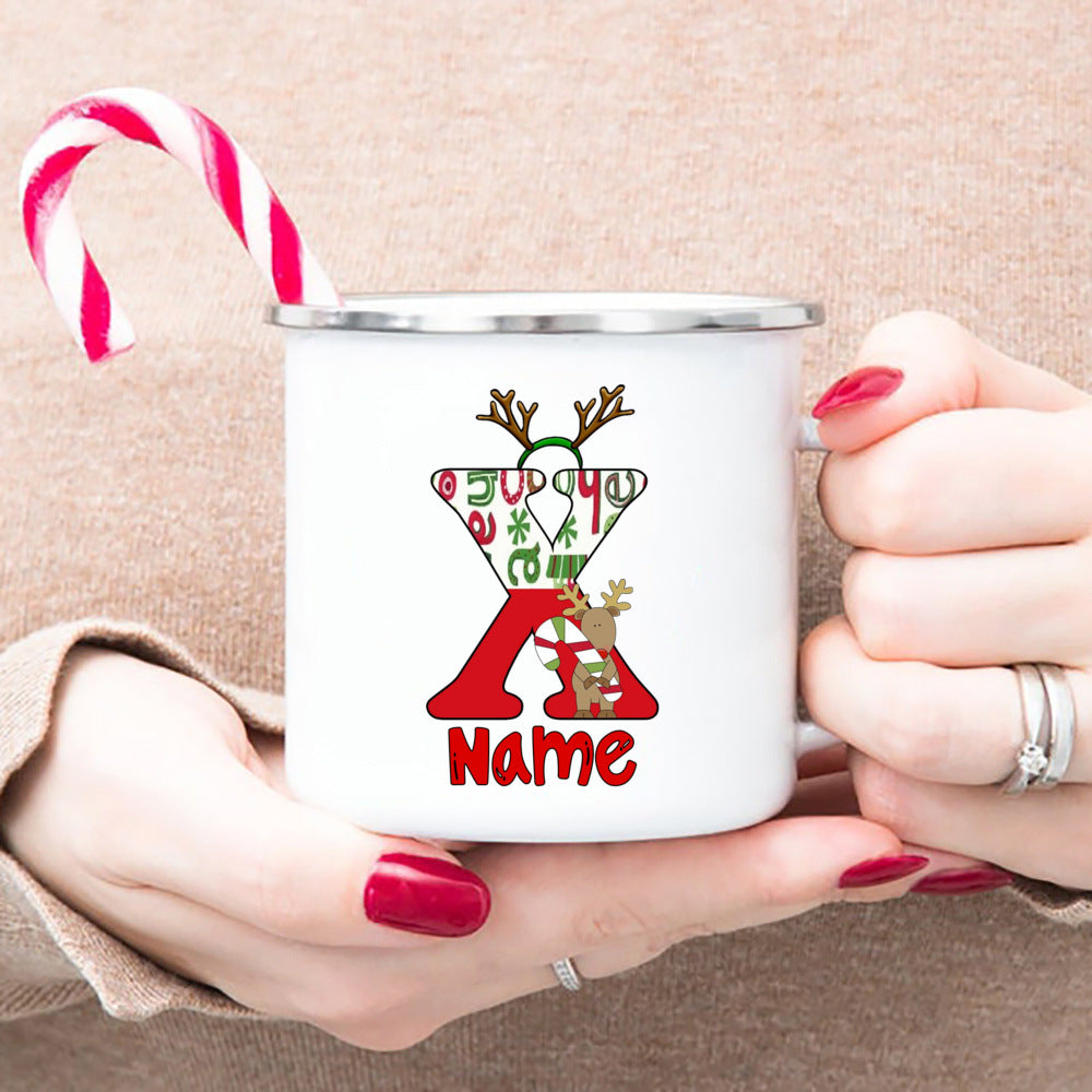 Personlized Reindeer Initial with Name Enamel Cups Christmas Hot Cocoa Chocolate Mug Drink Jiuce Mugs Christmas Gifts for Kids