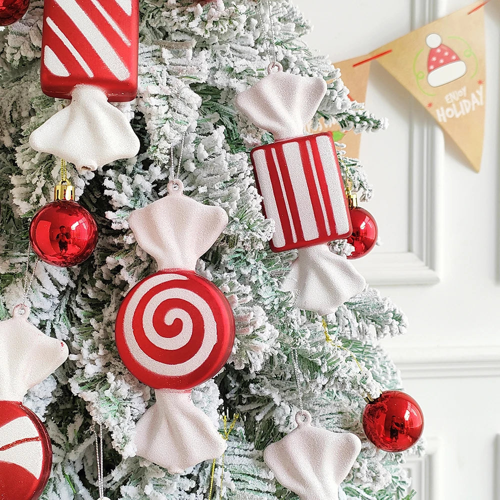 2pc 15cm Large Candy Pendant Christmas Decoration Red And White Lollipop PVC Painted Gold Xmas Tree Decora New Year Kids Gifts