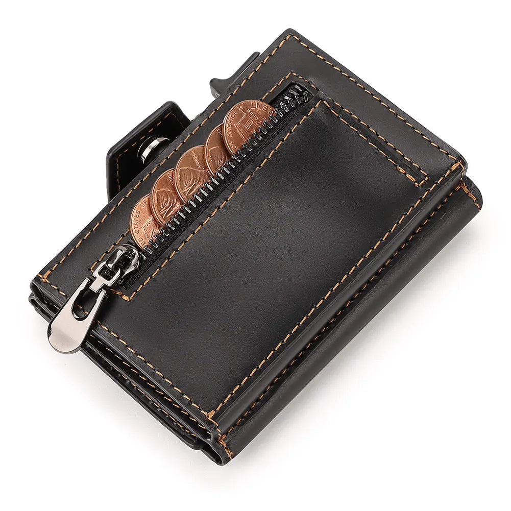 Genuine Leather Men's Short Wallet Small Mini Money Clip RFID BLocking Credit Automatic  Card Holder with Free Engraving Service