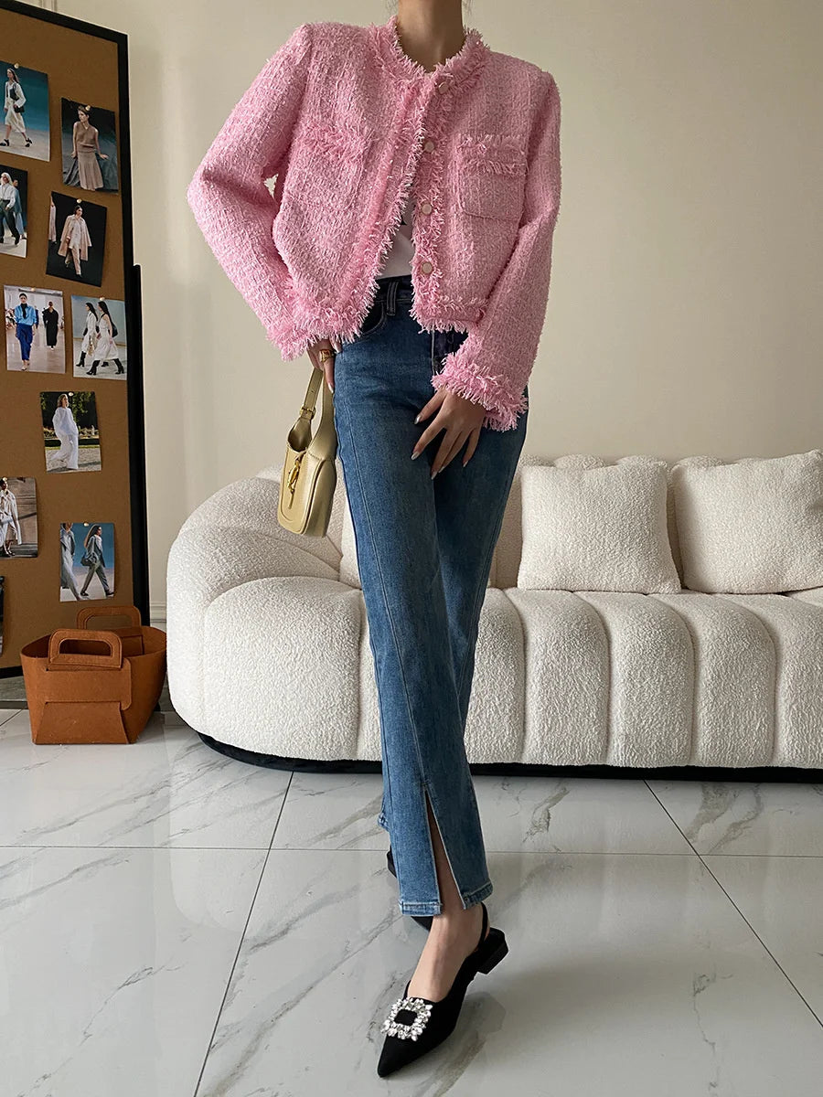 Pink Fringe Fur Shoulder Pad Tweed Jacket Blazer Boucle Crop Coat for Women 2023 Spring