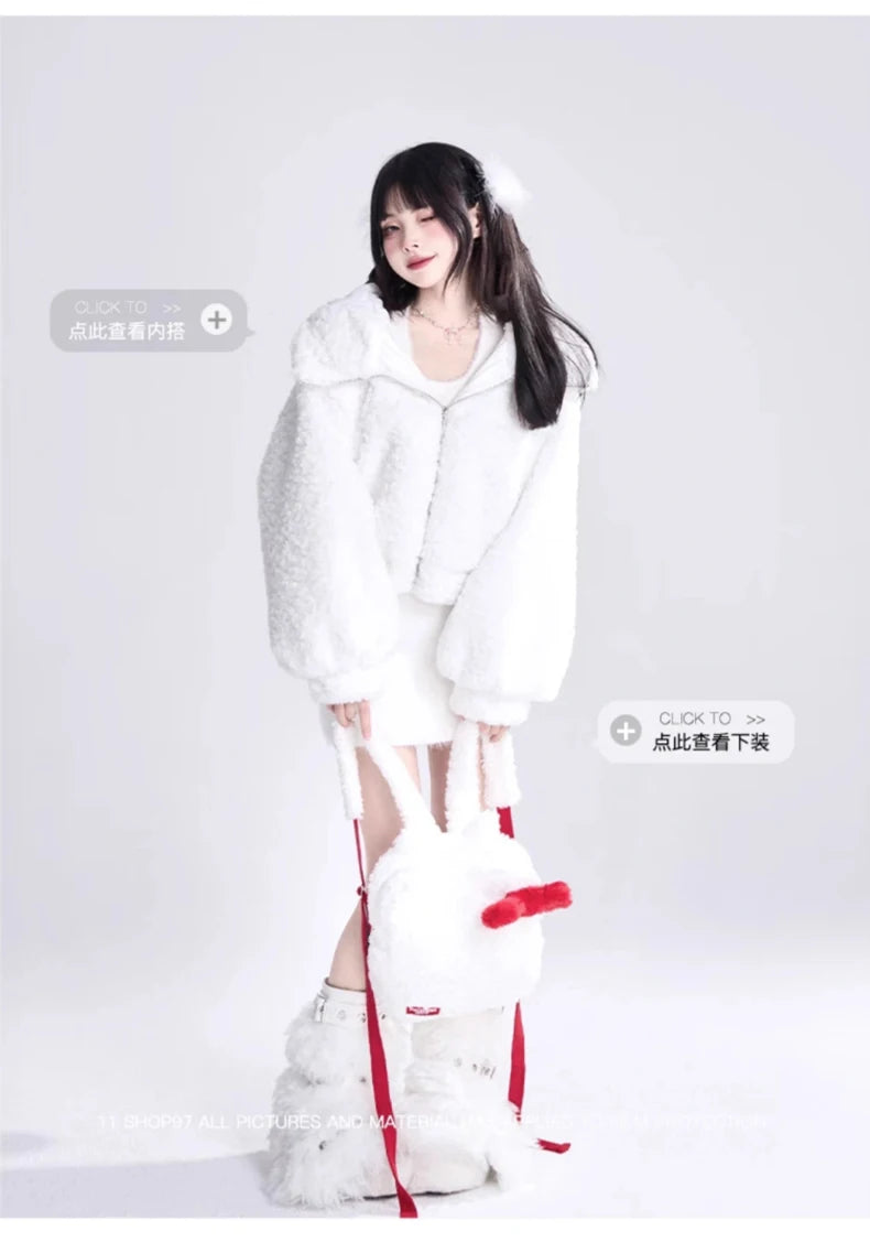 Lautaro Autumn Winter Sweet Cute Lovely Warm Soft White Short Faux Fur Coat Women  with Bunny Ears Fluffy Jacket Hoodie 2023