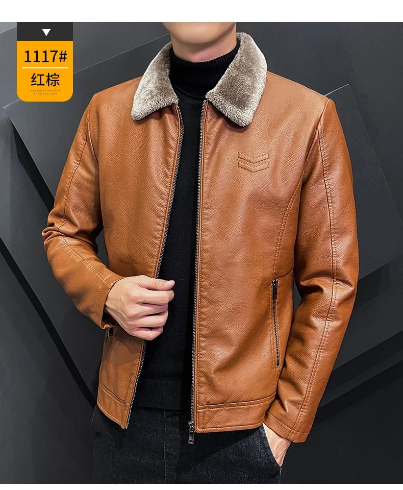 Vintage Brown Leather Jacket Men's Winter Faux Fur Collar Windproof Warm Coat Men's Luxury Clothing Brand chaqueta cuero hombre