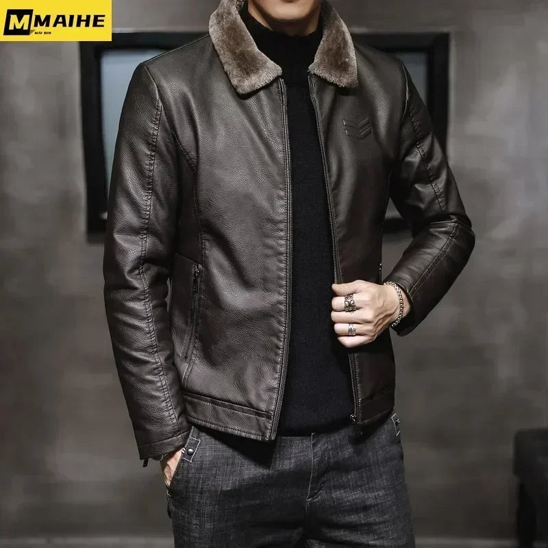 Vintage Brown Leather Jacket Men's Winter Faux Fur Collar Windproof Warm Coat Men's Luxury Clothing Brand chaqueta cuero hombre