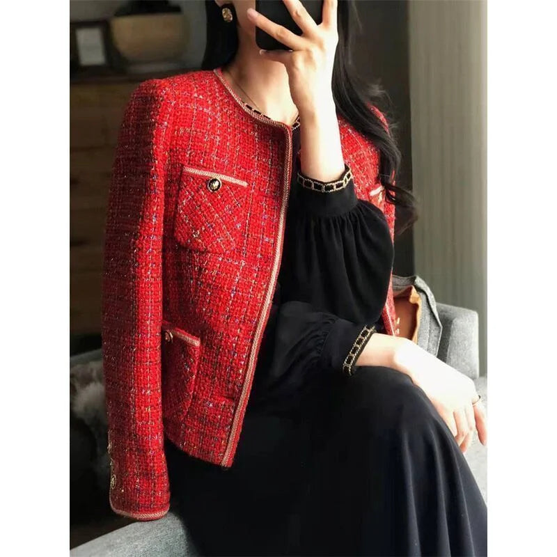 Vintage Red Tweed Coat Women's 2024 Autumn/Winter New French Vintage Loose and Versatile Show Thin Temperament Woolen Jacket Fem