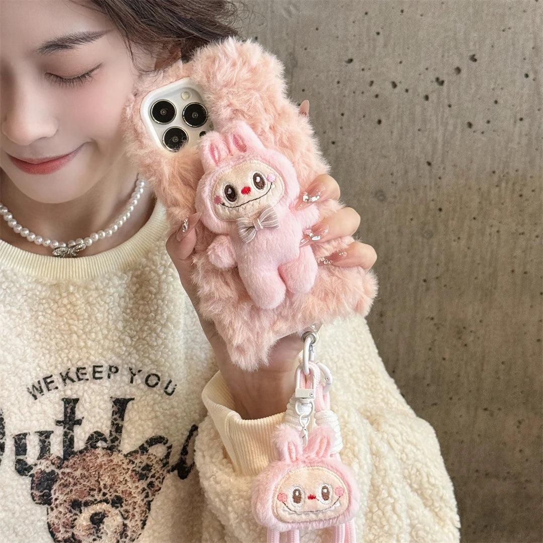 Cartoon Plush Little Monsters Labubu with Lanyard Phone Case for IPhone 16 15 14 13 12 11 Pro Max Anti-drop Back Cover Funda