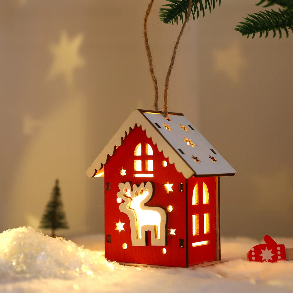 New Christmas Wooden House Pendant Snowman Elk Santa Claus Bear House Lighting Glowing Log Cabin Christmas Decoration Supplies