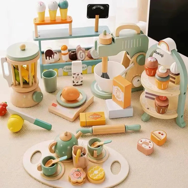 Wooden Simulation Dessert Rack Afternoon Tea Set Toy Pretend Play Food Learning Role Play Game Early Educational Puzzle Toys