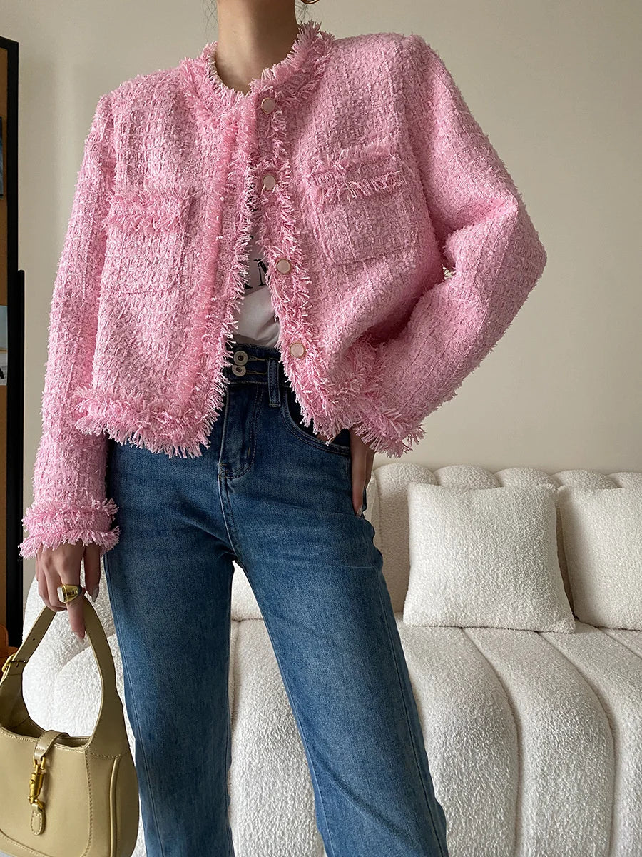 Pink Fringe Fur Shoulder Pad Tweed Jacket Blazer Boucle Crop Coat for Women 2023 Spring