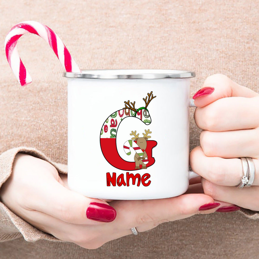 Personlized Reindeer Initial with Name Enamel Cups Christmas Hot Cocoa Chocolate Mug Drink Jiuce Mugs Christmas Gifts for Kids