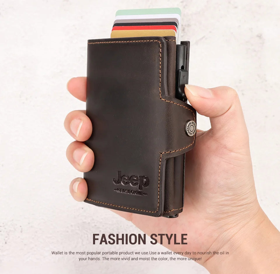 Genuine Leather Men's Short Wallet Small Mini Money Clip RFID BLocking Credit Automatic  Card Holder with Free Engraving Service