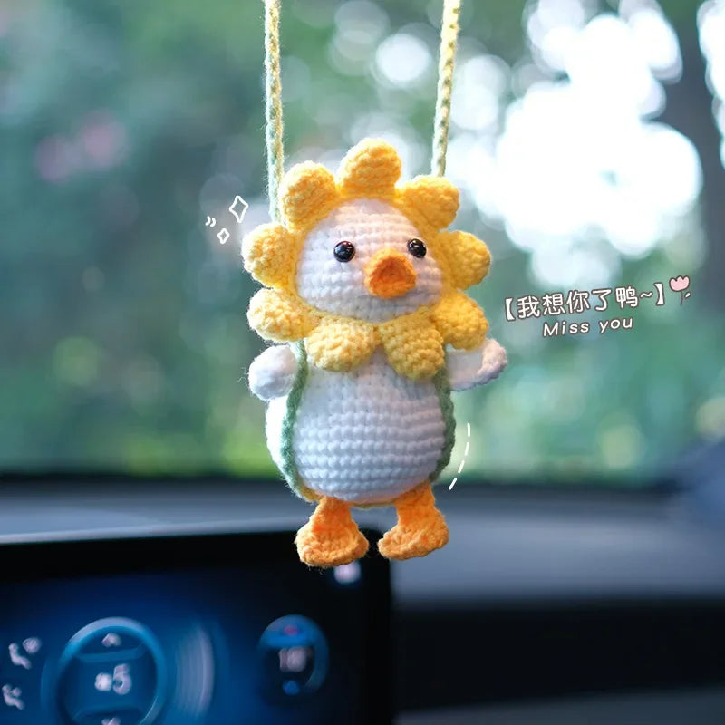 Handmade Crocheted Cute Swing Duck Car Rearview Mirror Hanging Ornament,Car Lucky Interior Hanging Pendant Decor