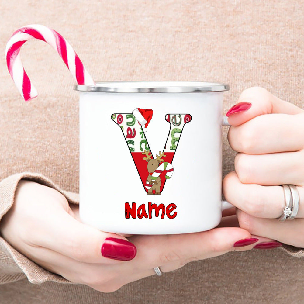 Personlized Reindeer Initial with Name Enamel Cups Christmas Hot Cocoa Chocolate Mug Drink Jiuce Mugs Christmas Gifts for Kids