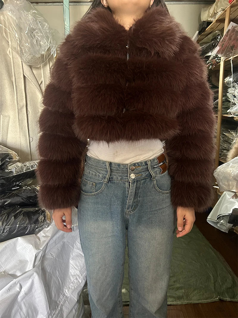 Casual White Black Fluffy Fall Winter Faux Fur Coat Women Short Jacket Long Sleeve Cropped Puffer Fur Jacket For Women Outwear