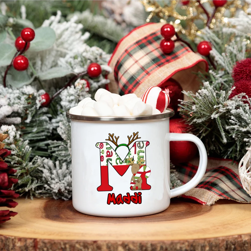 Personlized Reindeer Initial with Name Enamel Cups Christmas Hot Cocoa Chocolate Mug Drink Jiuce Mugs Christmas Gifts for Kids