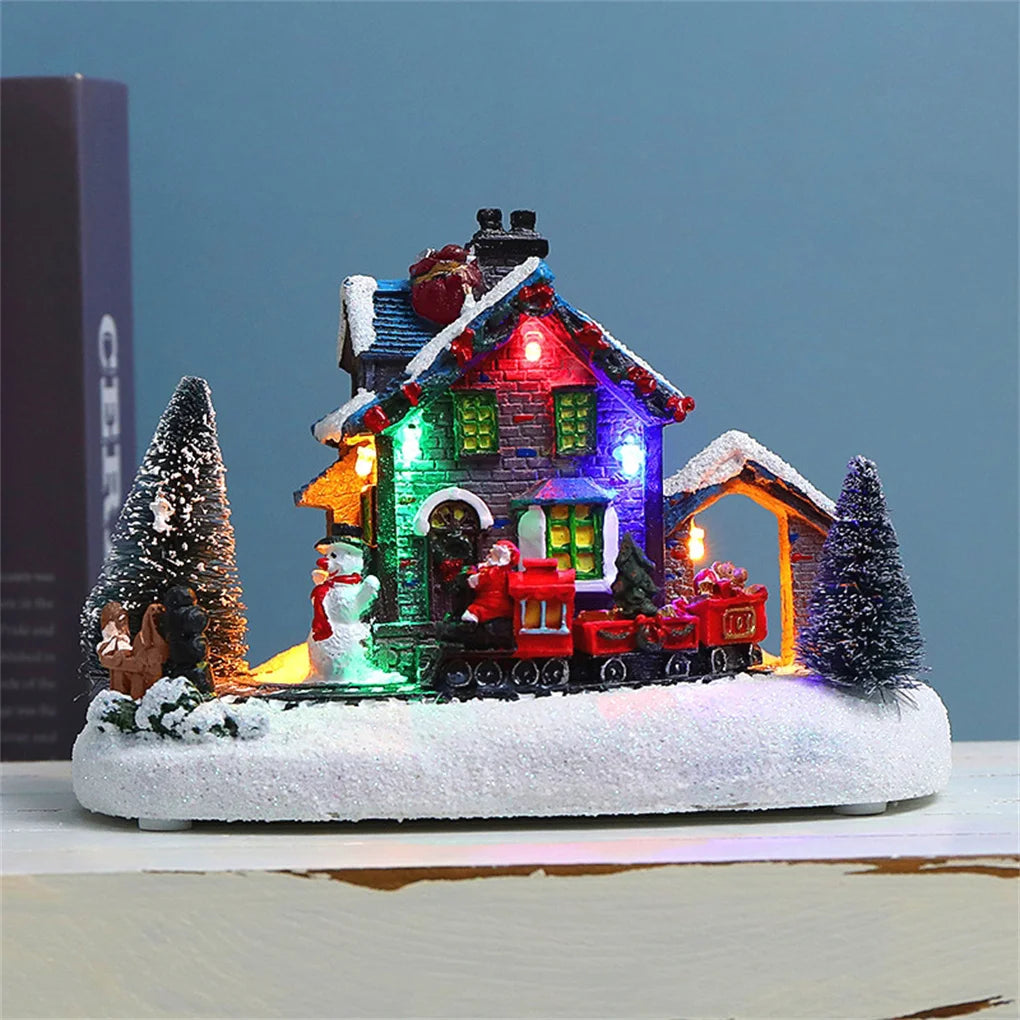 Christmas Village Figurines LED Lights Small Train Christmas Village House Luminous Landscape Figurines Resin Desktop Ornament