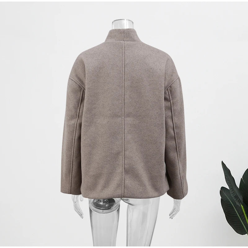 Retro Loose Casual Woolen Coats Women's Double Breasted Stand Collar Short Jacket Office Lady Autumn Winter 2024 Solid Outerwear