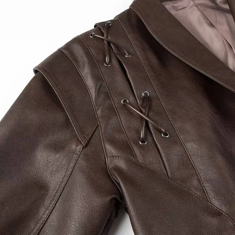 Fashion Lapel Lace Up Pu Leather Jacket Women Long Sleeve Cool Short Coat 2024 Autumn Winter Office Street Lady Overcoat