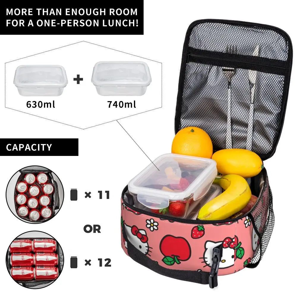 Hello Kitty Apple Strawberry Flower Pattern Insulated Lunch Bag Cooler Bag Meal Container Leakproof Tote Lunch Box School Travel