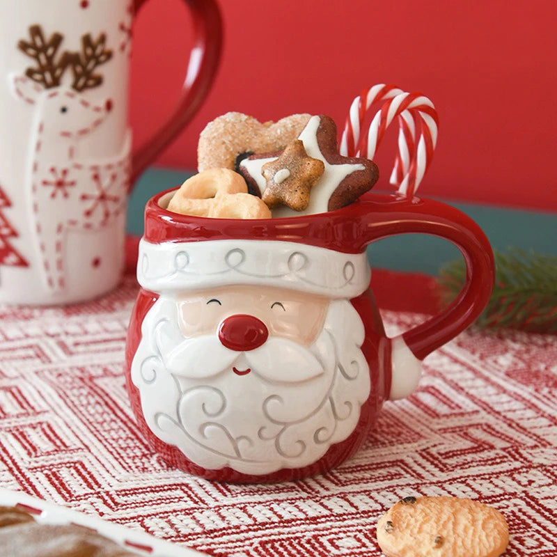 Nordic Christmas Ceramic Mug Santa Claus Cartoon Pattern Mousse Coffee Cup Home Breakfast Dessert Milk Mug for Kids Xmas Gift